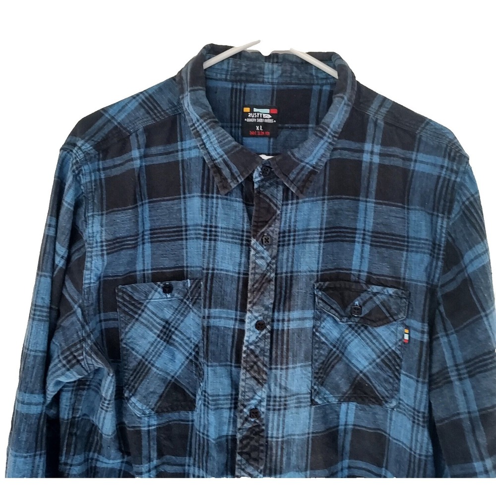 Rusty Mens Size XL Flannel L/S Shirt Blue and Black Indi‎ Slim Fit Line